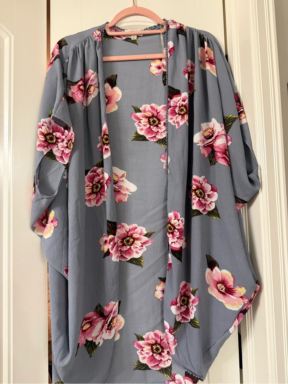 Umgee Dusty Blue Floral Kimono Cardigan with Pink Flowers